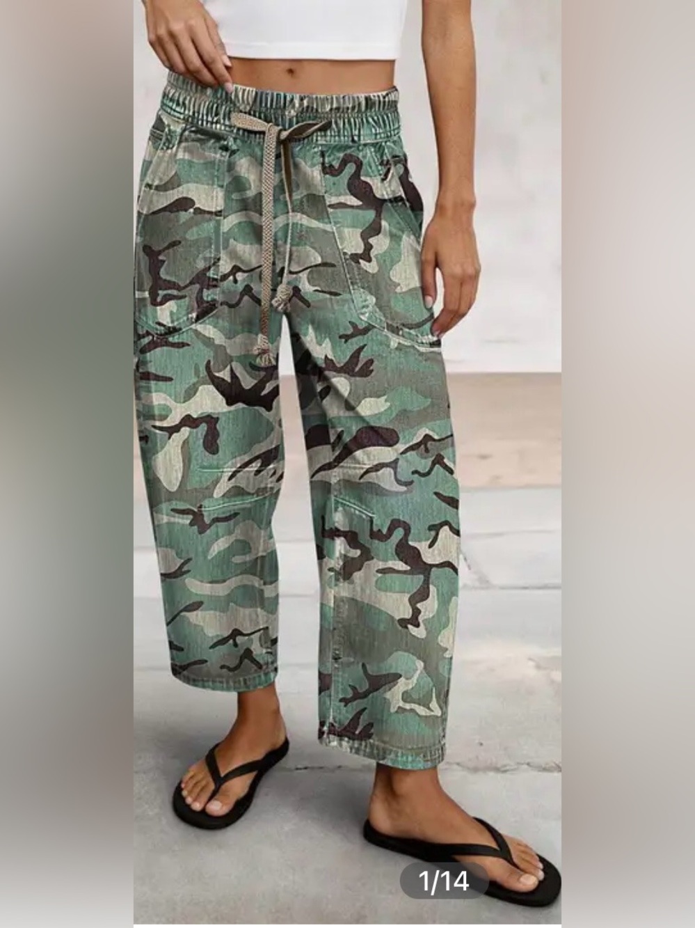 Flamingals Camo Drawstring Mid Waist Barrel Leg Crop Jeans